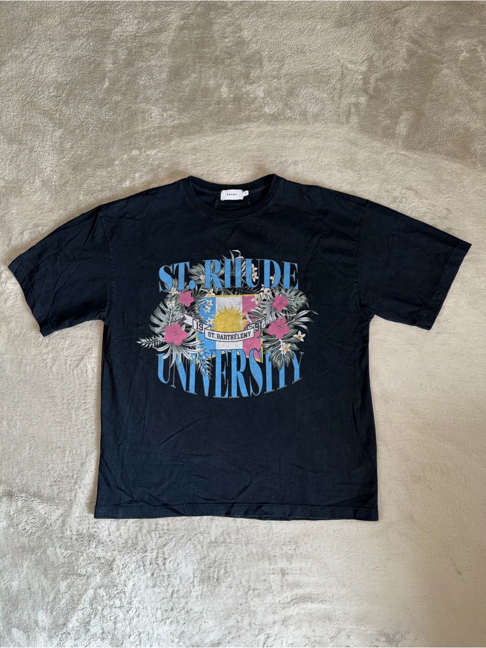 RHUDE St. Rhude University Men’s Medium Vintage Black T-Shirt Relaxed Boxy Fit